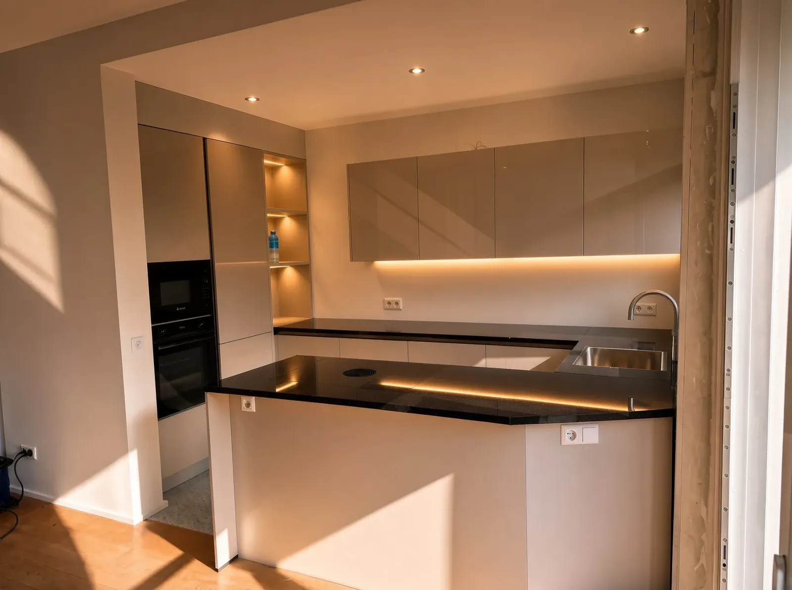 Keukenrenovatie Den Haag: open keuken met eiland, donker werkblad en ledverlichting